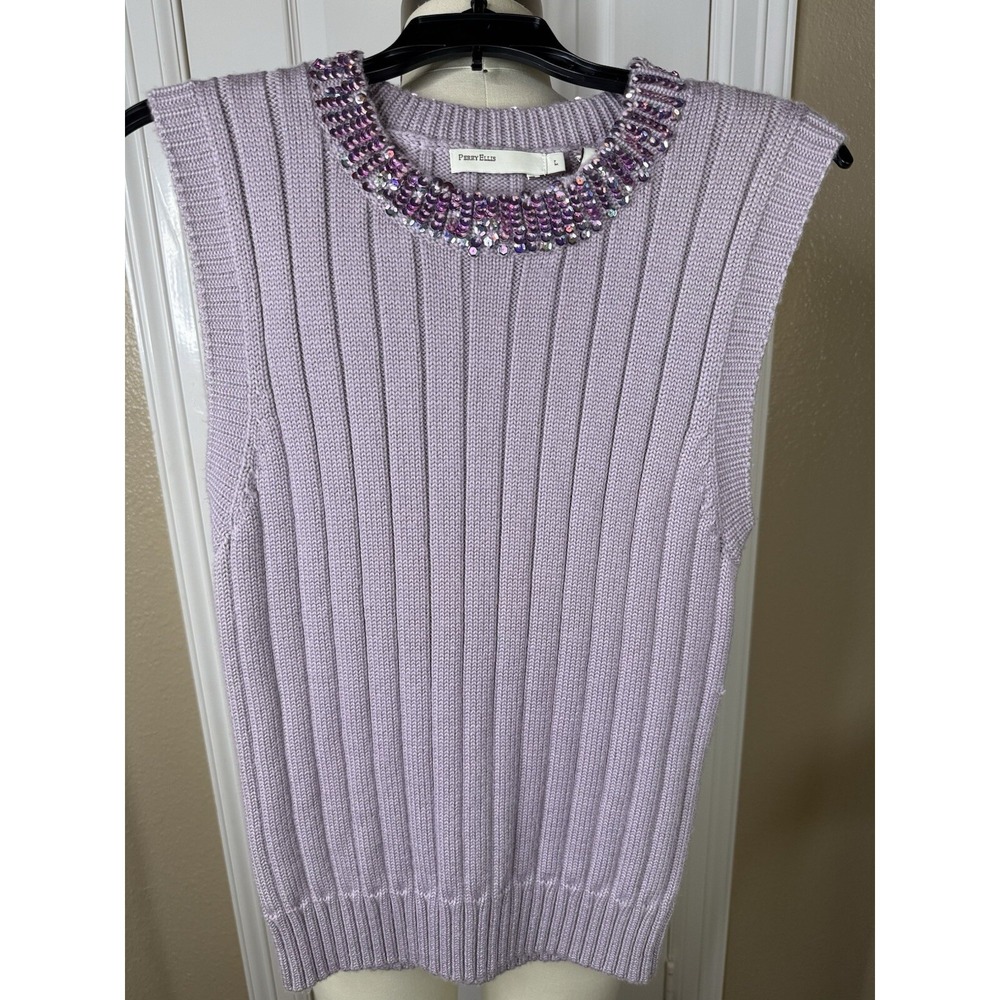 Vintage  Perry Ellis sweater vest in sugar plum with‎ sequined neck 100% wool L